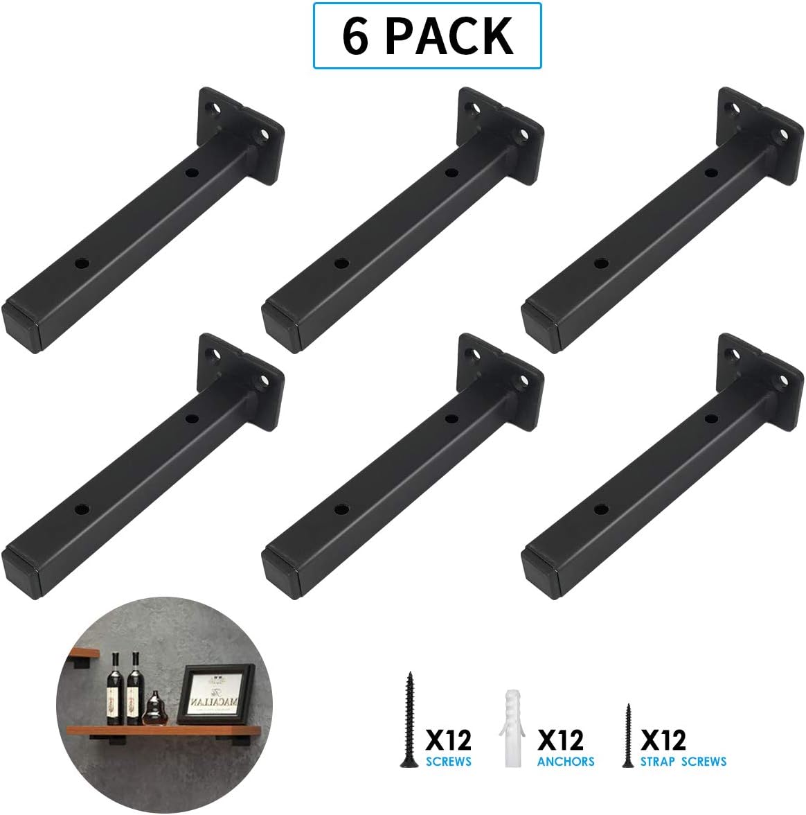Classic Shelf Bracket 6 inch Anti-Rust Solid Matte Black Well-Made Hidden Shelf Brackets Wrought Iron Style Wall Mental Brace for DIY (6-Pack Hardware Only): Home Improvement
