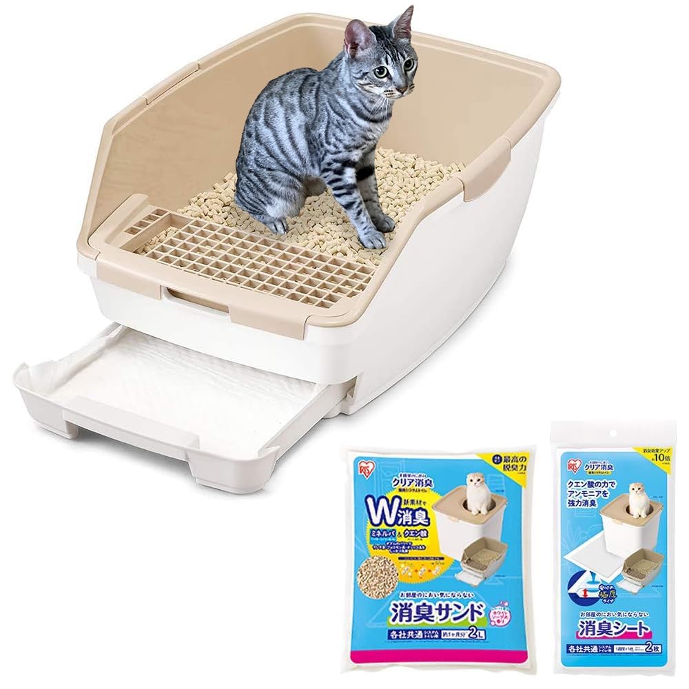 アイリスオーヤマ 猫 トイレ 猫トイレ本体 クリア消臭 猫用システムトイレ ハーフタイプ スターターセット [トイレ+消臭サンド+消臭シート] ONCH-530 ホワイト/ベージュ 3個アソート商品画像