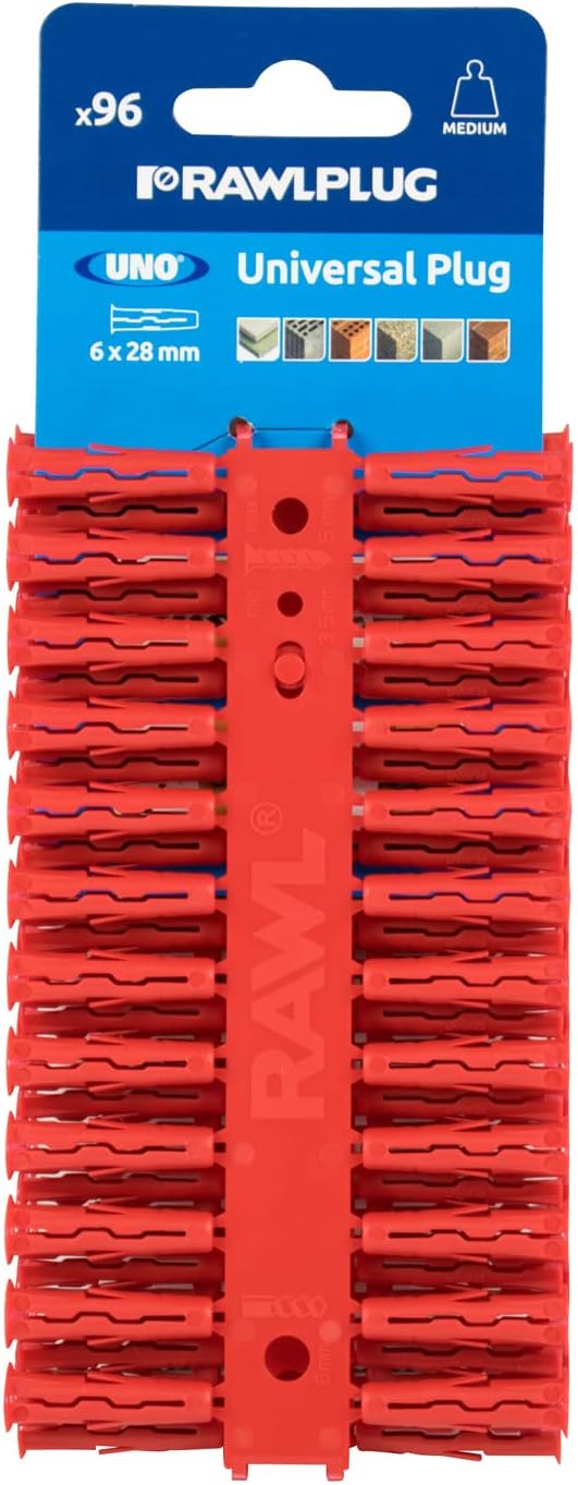 Rawlplug Uno Universal Wall Plugs 6mm Red Pack 96 Masonry Plasterboard Concrete