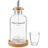 Mouthwash Dispenser for Bathroom, 12 OZ Refillable Glass Mouthwash Bottle with Cup and Bamboo Tray, Decorative Mouth Wash Dispenser Set for Bathroom