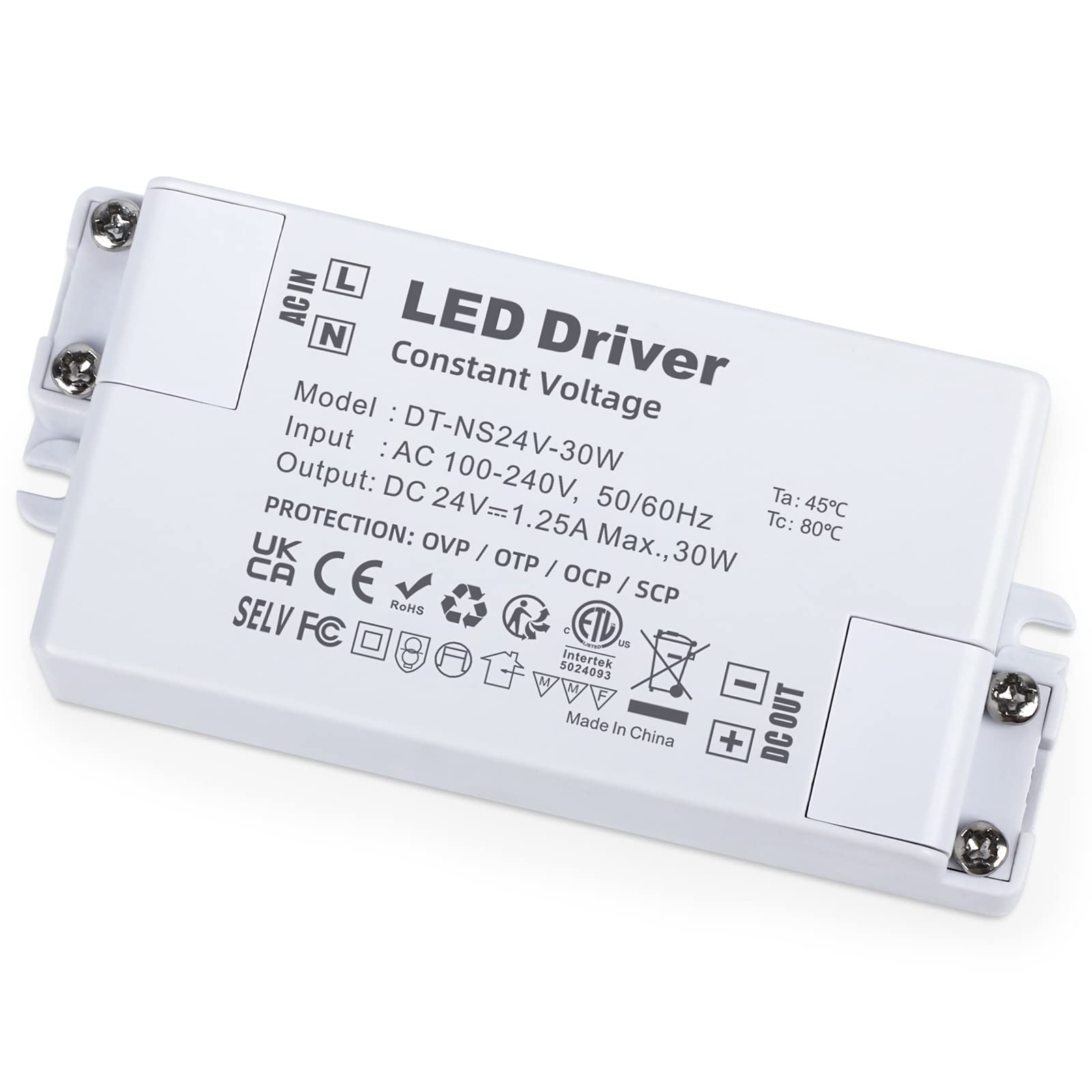 YAYZA! LED Driver 24V 30W, 240V to 24V Transformer, IP44 1.25A Low Voltage Power Supply, AC to DC Adapter, Constant Voltage for LED Strip Lights and Cabinet Lights, Bulbs, Ring Doorbell