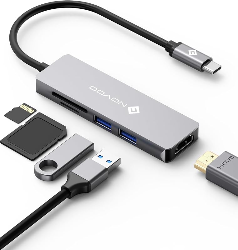 Adaptador NOVOO USB C Hub 5 em 1 Multiportas com HDMI 4K, 2 portas USB 3.0, leitor de cartões SD / TF para MacBook Pro 2019/2018, iMac 2017, Huawei MateBook, Google Chromebook Pixel e muito mais