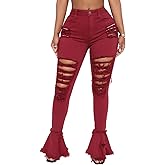 BestGirl Women's Bell Bottom Jeans Destoryed Ripped Flare Jeans Elastic Waist Raw Hem Denim Pants