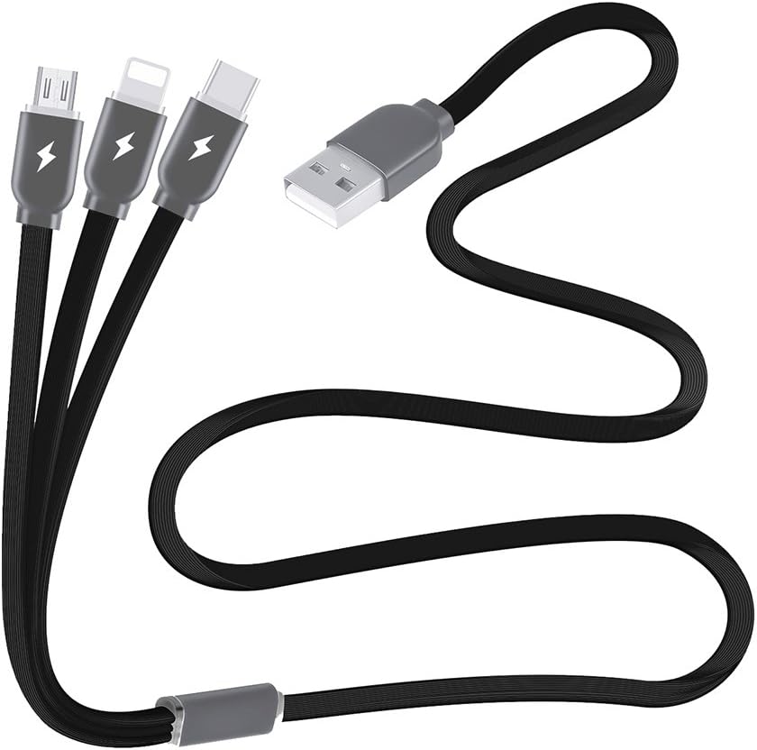 Multi Charger Cable 3A PACK 2, 3 in 1 Multiple USB Syncing Data Charging Cable Flat Cord Lighting Type C Micro USB Compatible Most Phone, Android Cellphones (Black 3FT)