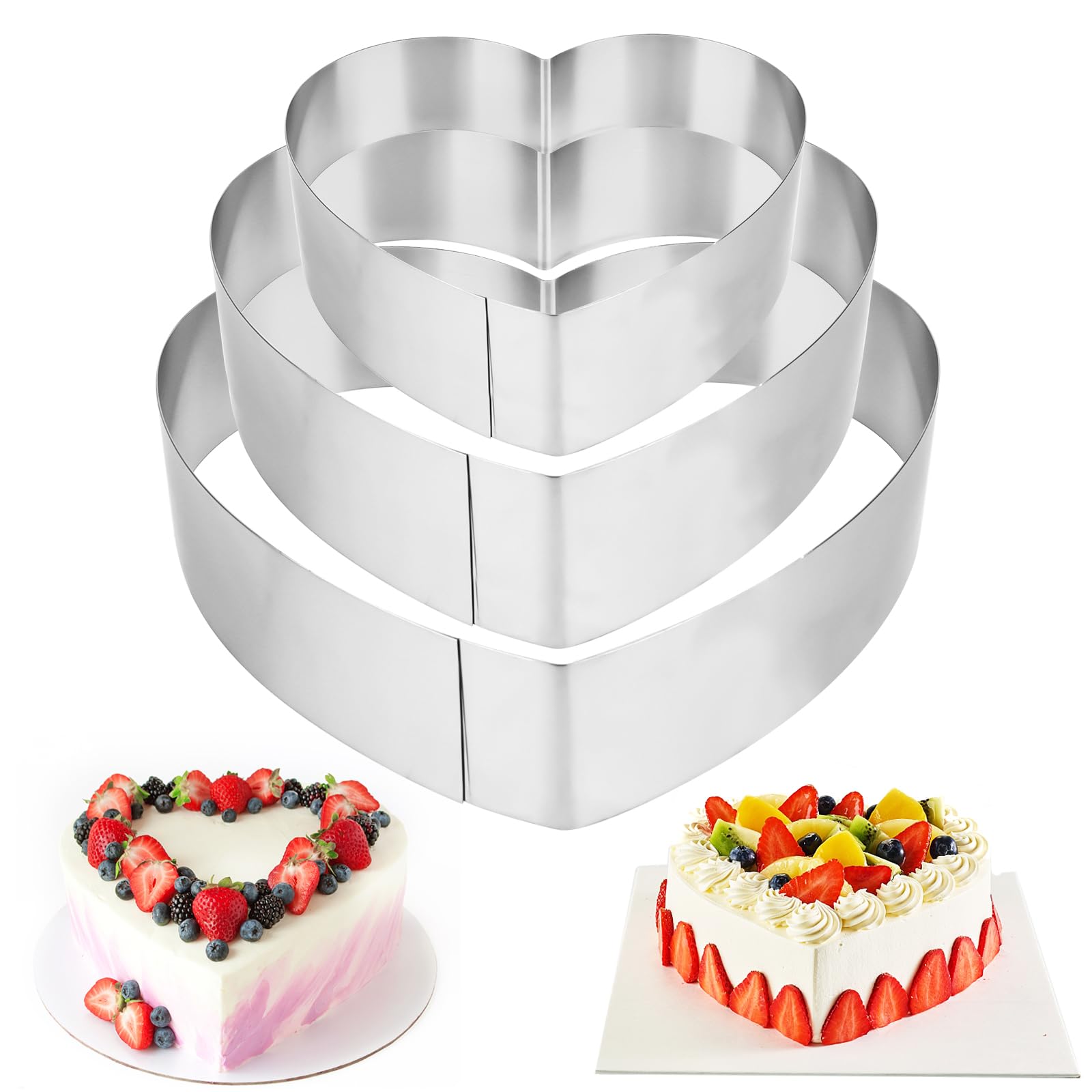 Fonyet Heart Shaped Cake Ring Set of 3 Heart Baking Frame High 45 mm Stainless Steel Cake Ring Baking Ring 10/15/20 cm Baking Mould Heart for Preparing Cakes and Pastries