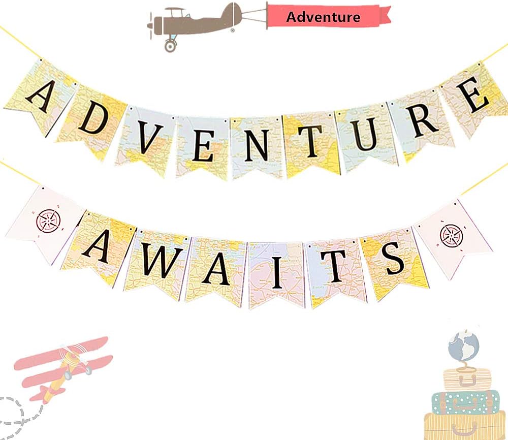 JeVenis Adventure Awaits Banner Bon Voyage Travel Theme Banner World Map Travel Themed Baby Shower Vintage Atlas Map for Bridal Shower Graduation Party Moving Party - Image 4