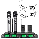 Wireless Microphone System UHF 4 Channel 2 Handheld Mic 2 Headset 2 Lavalier Bodypack 2 Lapel Mic Pro Karaoke System Speaking