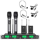 WENWEN Wireless Microphone System UHF 4 Channel 2 Handheld Mic 2 Headset 2 Lavalier Bodypack 2 Lapel Mic Pro Karaoke System Speaking Conference Wedding Party