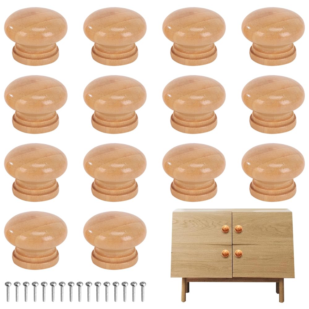 YqsIbth Wooden Door knobs, 14 PCS Wooden Drawer knobs, Wooden knobs Round Wood Drawer Knob Wood Knobs with Screws for Cabinet Cupboard Wardrobe Furniture Kitchen(28 x 24mm)