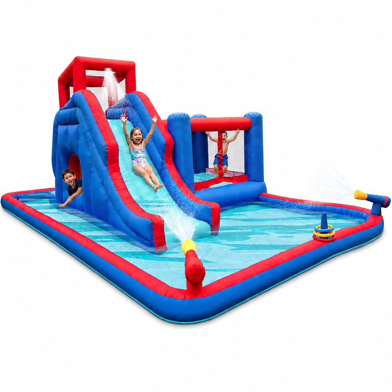 Sunny & Fun 2-in-1 Bounce & Blast Inflatable Water Slide Park – Heavy-Duty for Outdoor Fun – Climbing Wall, Slide, Bouncer, Tunnel & Splash Pool – Easy to Set Up, Included Air Pump & Carrying Case