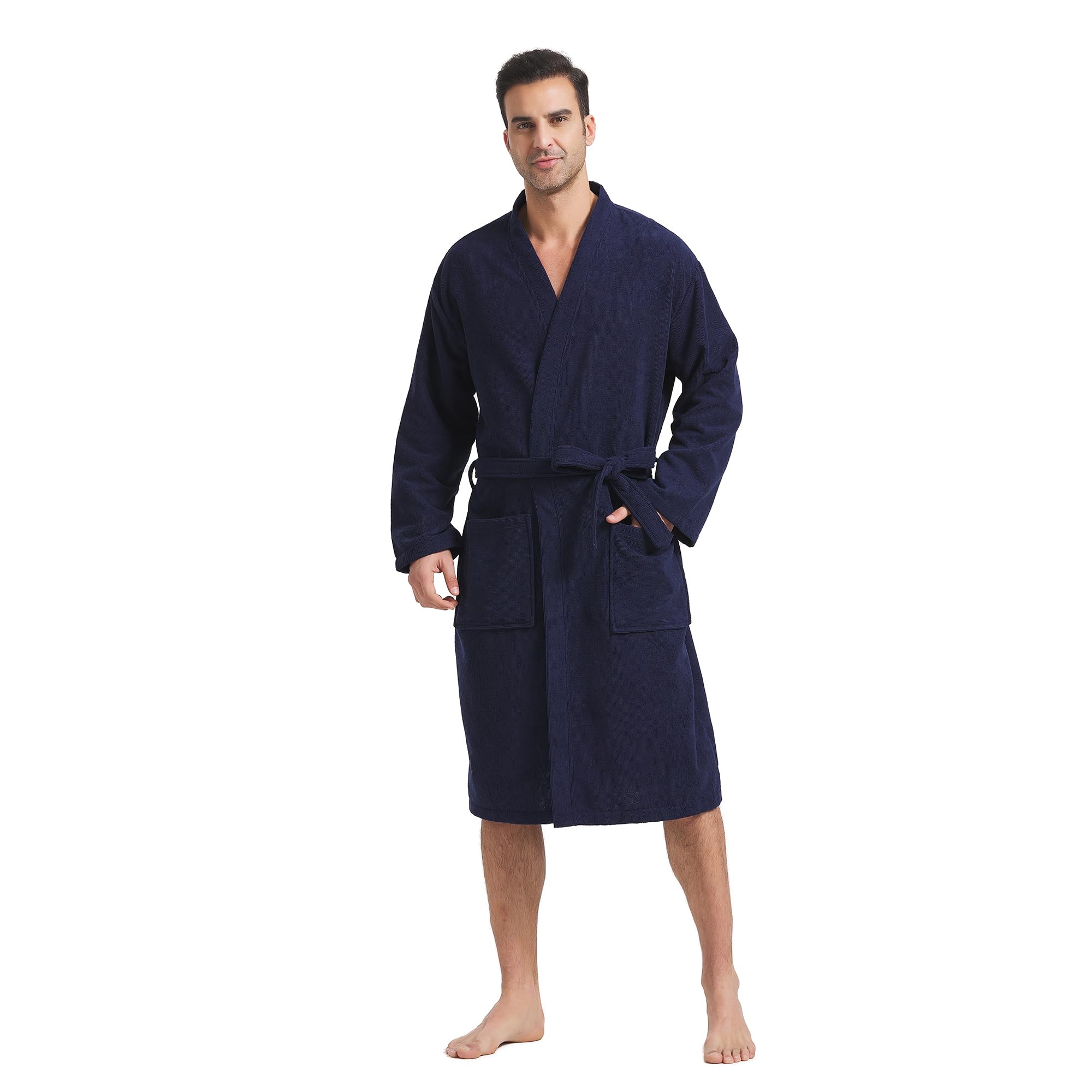 Photo 1 of FashGudim Terry Cloth Robes for Men Big and Tall Short Mens Kimono Robe Super Absorbent Spa Bathrobe Calf Length With Pockets?Navy,L/XL?