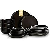 EWFEN Plates and Bowls Sets, 12 Pieces Ceramic Dinnerware Set for 4, Stoneware Dishware Dishes Set, Scratch Resistant Dishes Set, Dishwasher & Microwave Safe, Black