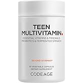 Codeage Teen Multivitamin - Vitamins A, C, D3, B6, B12, Folate, Zinc, Magnesium, Iron, Probiotics, Fermented Spinach - Multivitamins for Teenage Boys and Girls - Non-GMO, Gluten-Free - 30 Capsules