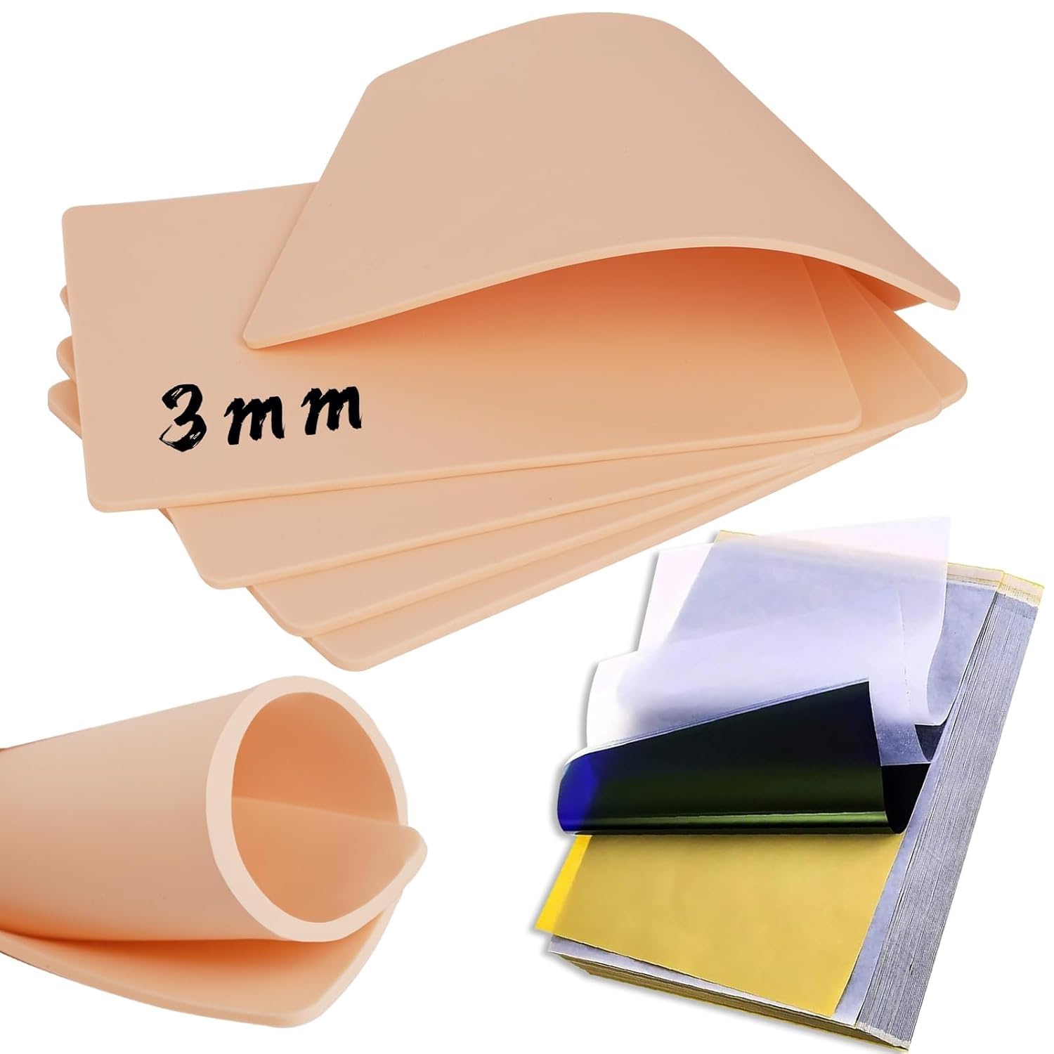 TONBAO 3mm Tattoo Practice Skin with Transfer Paper Kit - 5Pcs Practice Skin 3mm Thick Fake Skin with 30Pcs Tattoo Paper Stencil Paper