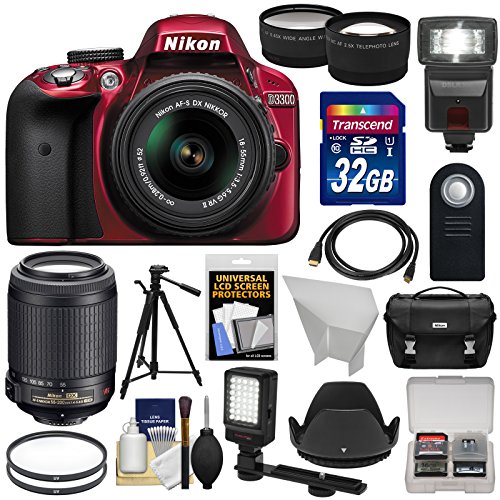 Nikon D3300 Digital SLR Camera & 18-55mm G VR DX II (Red) with 55-200mm VR II Lens + 32GB + Case + Tripod + Flash + LED Light + Tele/Wide Lens Kit Nikon D3300 Digital SLR Camera & 18-55mm G VR DX II (Red) with 55-200mm VR II Lens + 32GB + Case + Tripod + Flash + LED Light + Tele/Wide Lens Kit