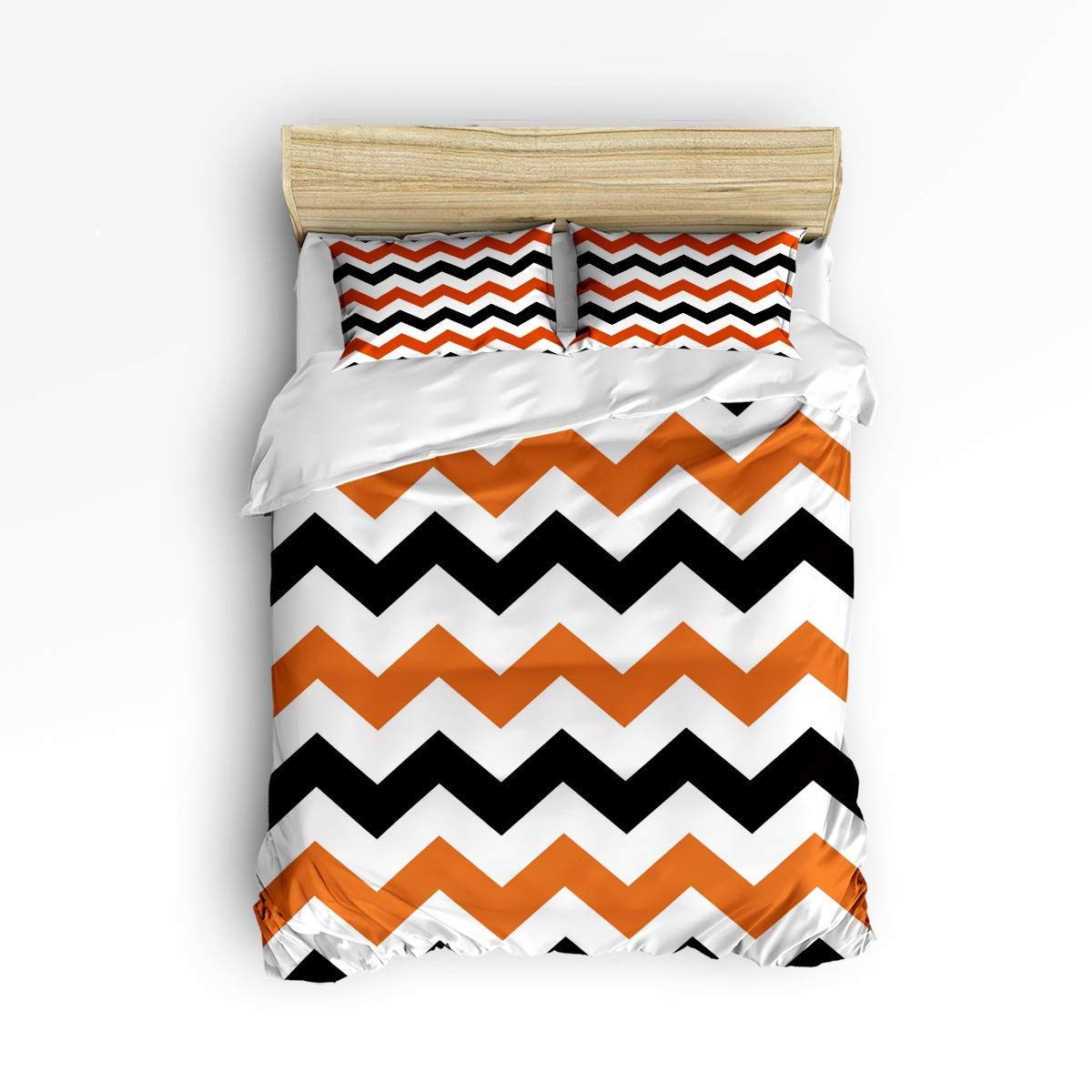 MIGAGA 3 Piece Duvet Cover Set Twill Plush Soft Bedding Sets,Classic Chevron Zigzag Pattern Orange Black White,Include 1 Comforter Cover and 2 Pillow Shams,Queen Size