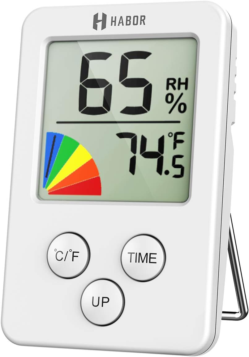 Habor Mini Indoor Thermometer Digital Hygrometer, Room Thermometer 12/24 Hour Time Clock, Temperature Humidity Monitor Home, Babyroom, Office, Greenhouse, Cellar, White (2.7 X 1.7 Inch)