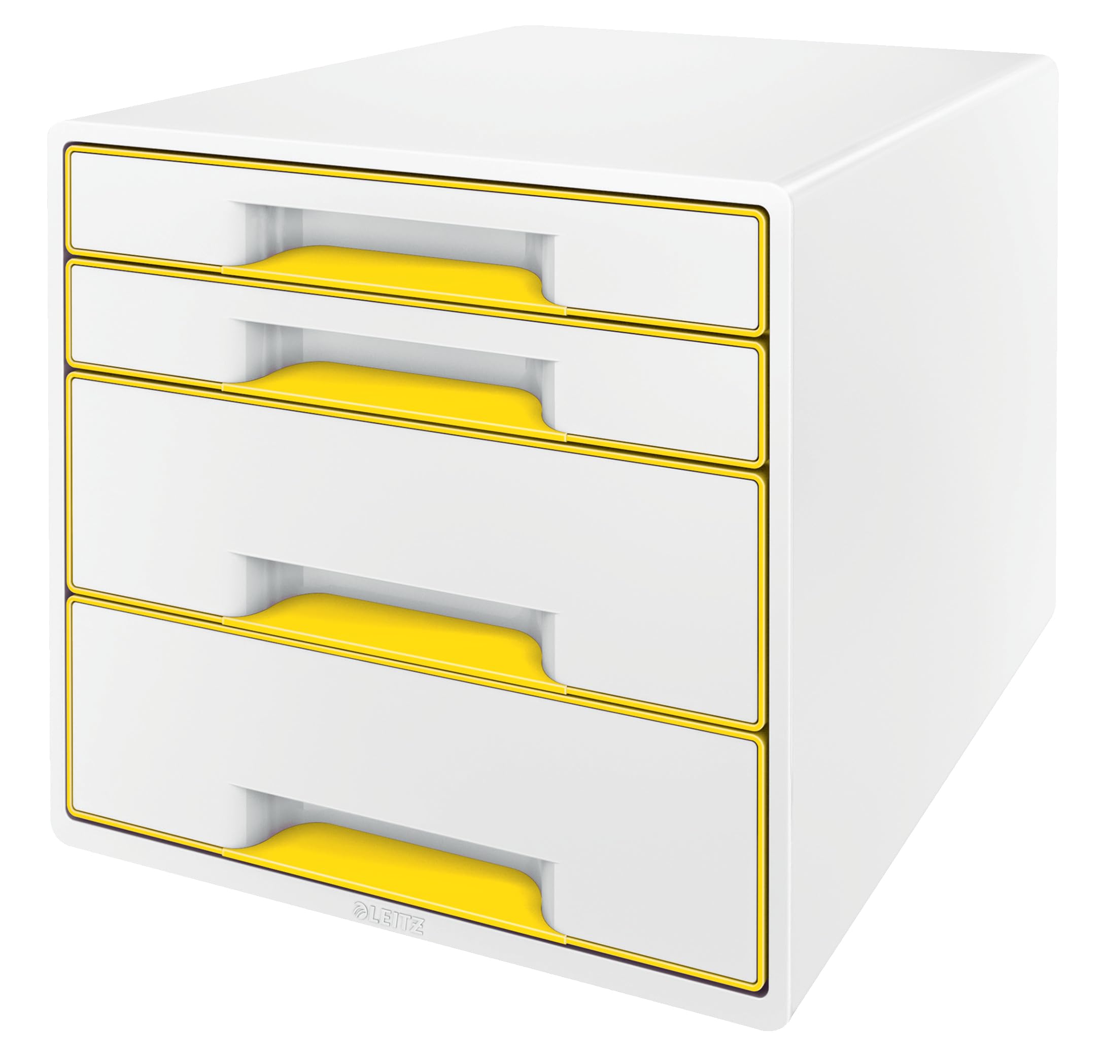 Leitz 4 A4 Drawer Cabinet with Marker Pen and Transparent Tray, Organiser, Wow Range, White/Yellow