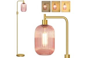 【Upgraded】 Dimmable Glass Floor Lamp for Living Room, Modern Gold Standing Lamp with Pink Ribbed Glass Lampshade & Knob Dimme