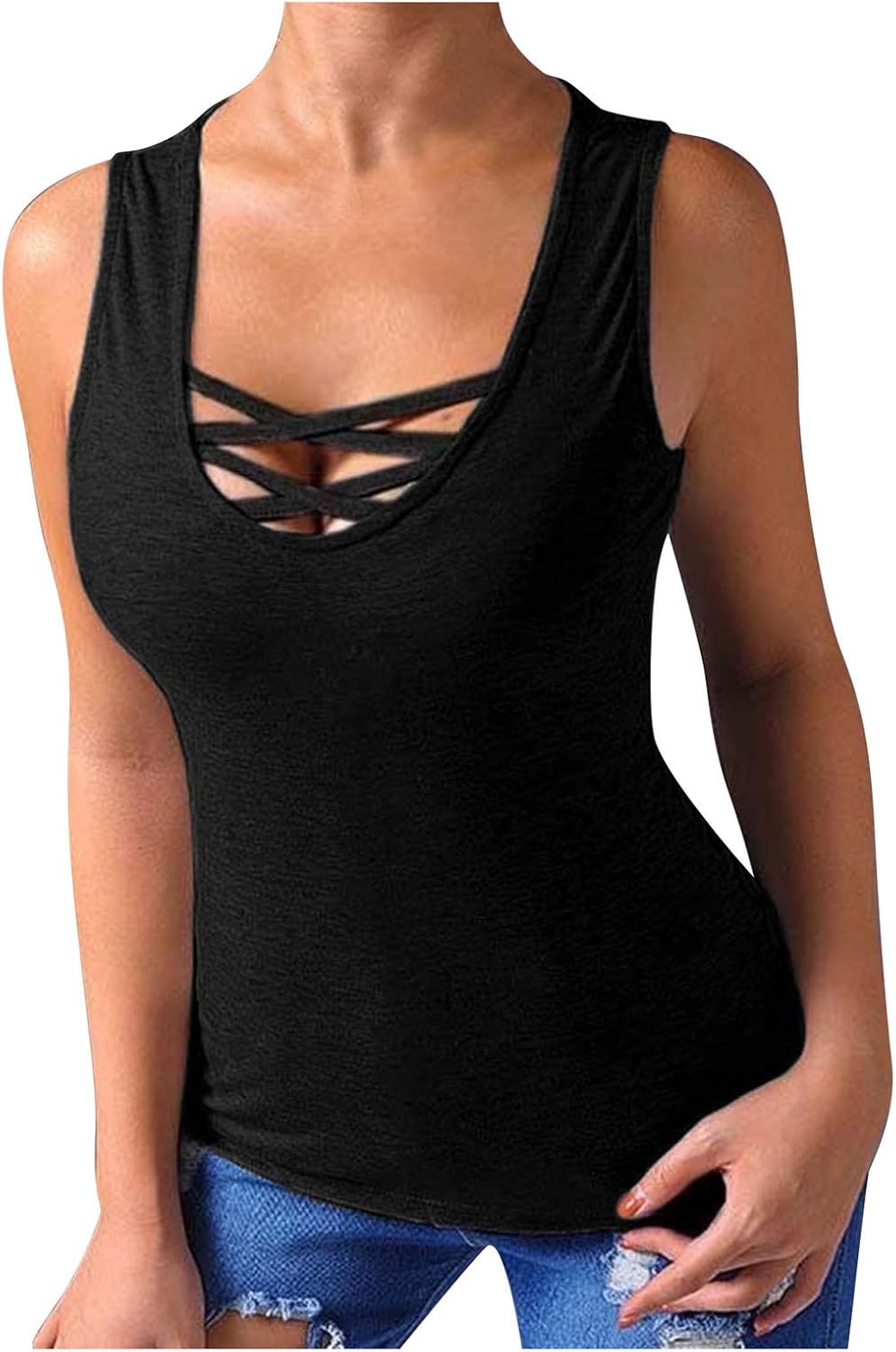 Liably Women's Cross Naked Chest Sleeve Tops Solid Colour Summer Shirts