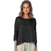 Amazhiyu Women's Linen 3/4 Sleeve Blouse Crew Neck Summer Casual Tops Loose Fit