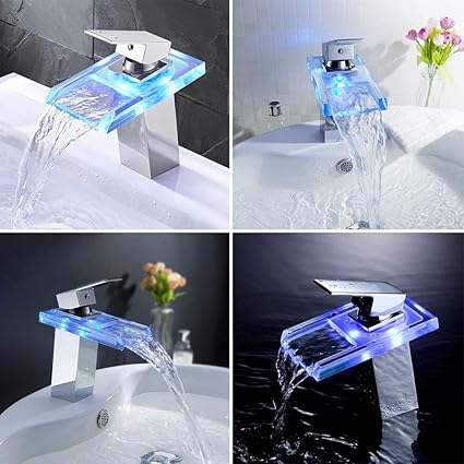 Shentesel Led Glass Color Changing Waterfall Basin Sink Faucet Hot