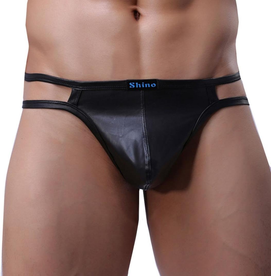 Muium Mens Sexy Underwear Soft Leather Thongs Bulge Pouch Underpants Panties