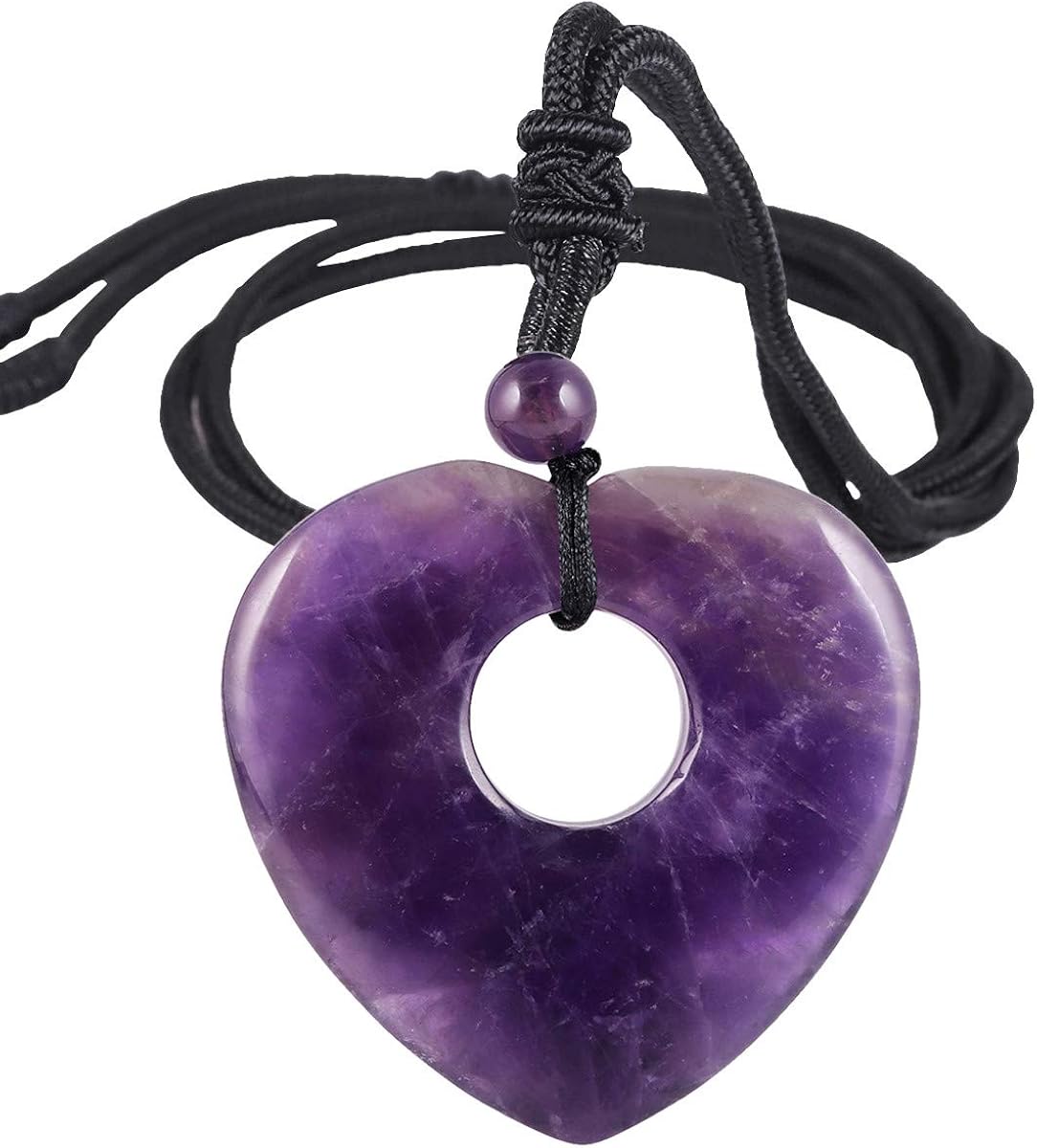 Nupuyai Healing Crystal Heart Pendant Necklace for Women Natural Polished Stone Pendant with Adjustable Cord, 70cm Amethyst