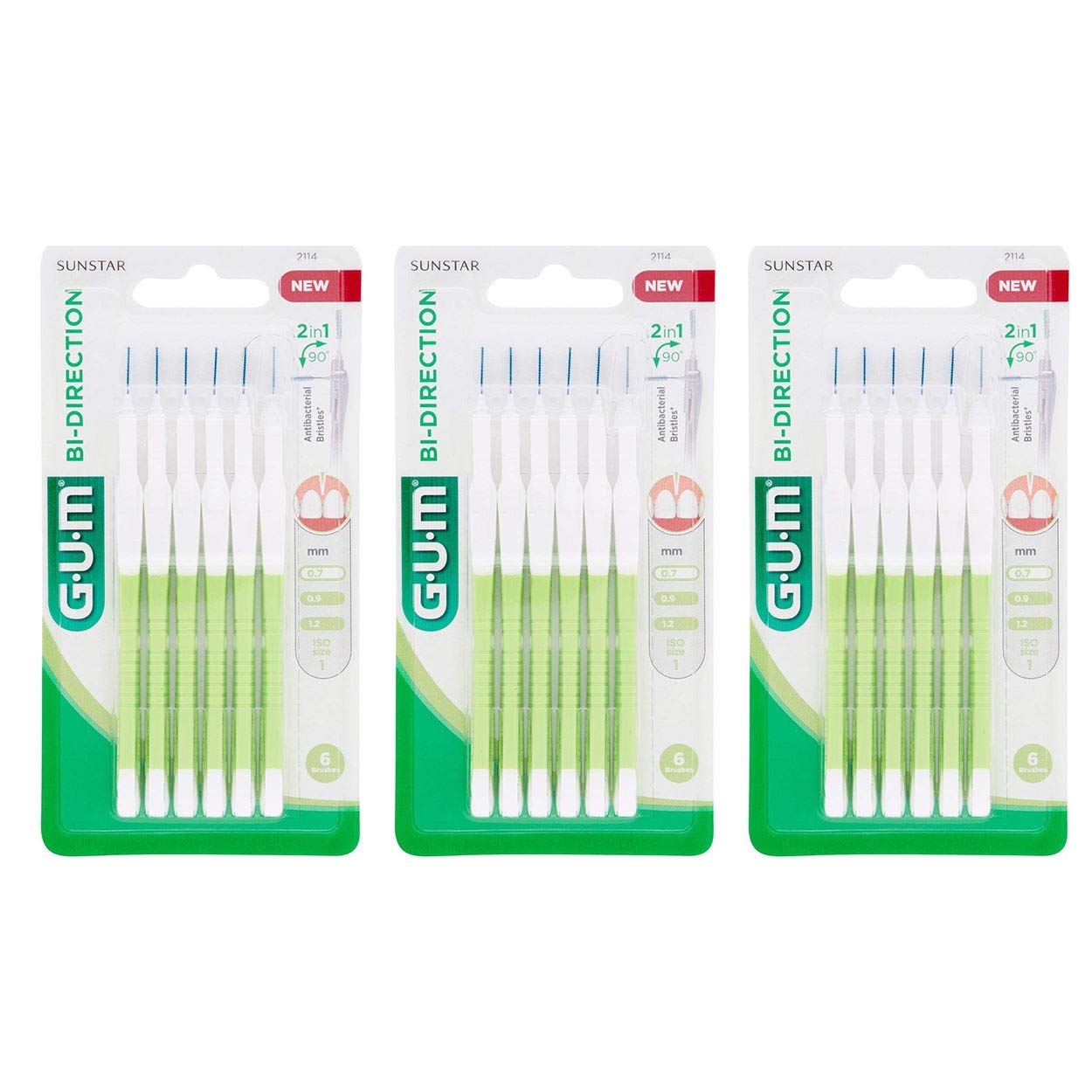 Gum Bi-direction interdental brushes 0.7 mm, pack of 6, white, value pack (3 x pack of 6)