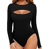 MANGOPOP Women's Cutout Front Long Sleeve Short Sleeve Bodysuit Round Neck Body Suits Sexy Going Out Fall Tops