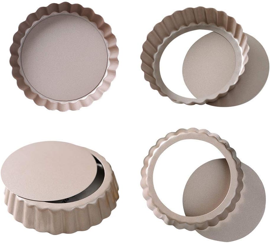 Bakerdream 3.5 Inch Quiche Pan，Nonstick Removable Bottom Mini Tart Pan, Round Pie Pan Pack of 4 (3.5" Quiche pan w Removable Bottom)