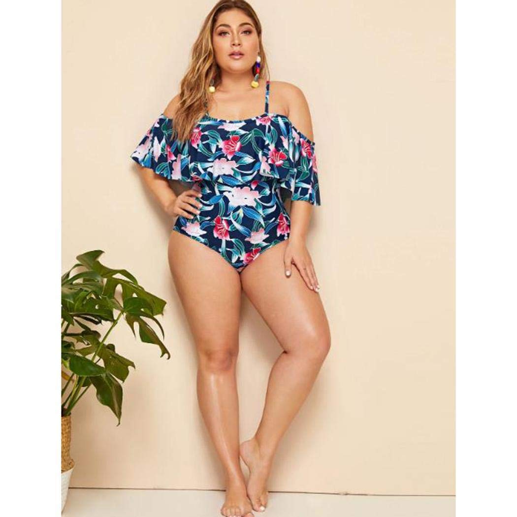 Kikole Women One Piece Plus Size Swimwear Ruffle Off The Shoulder Printed Swimsuits One-Pieces Blue