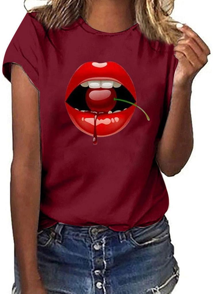 Women Girls Plus Size Lips Print Shirt Short Sleeve T Shirt Blouse Tops