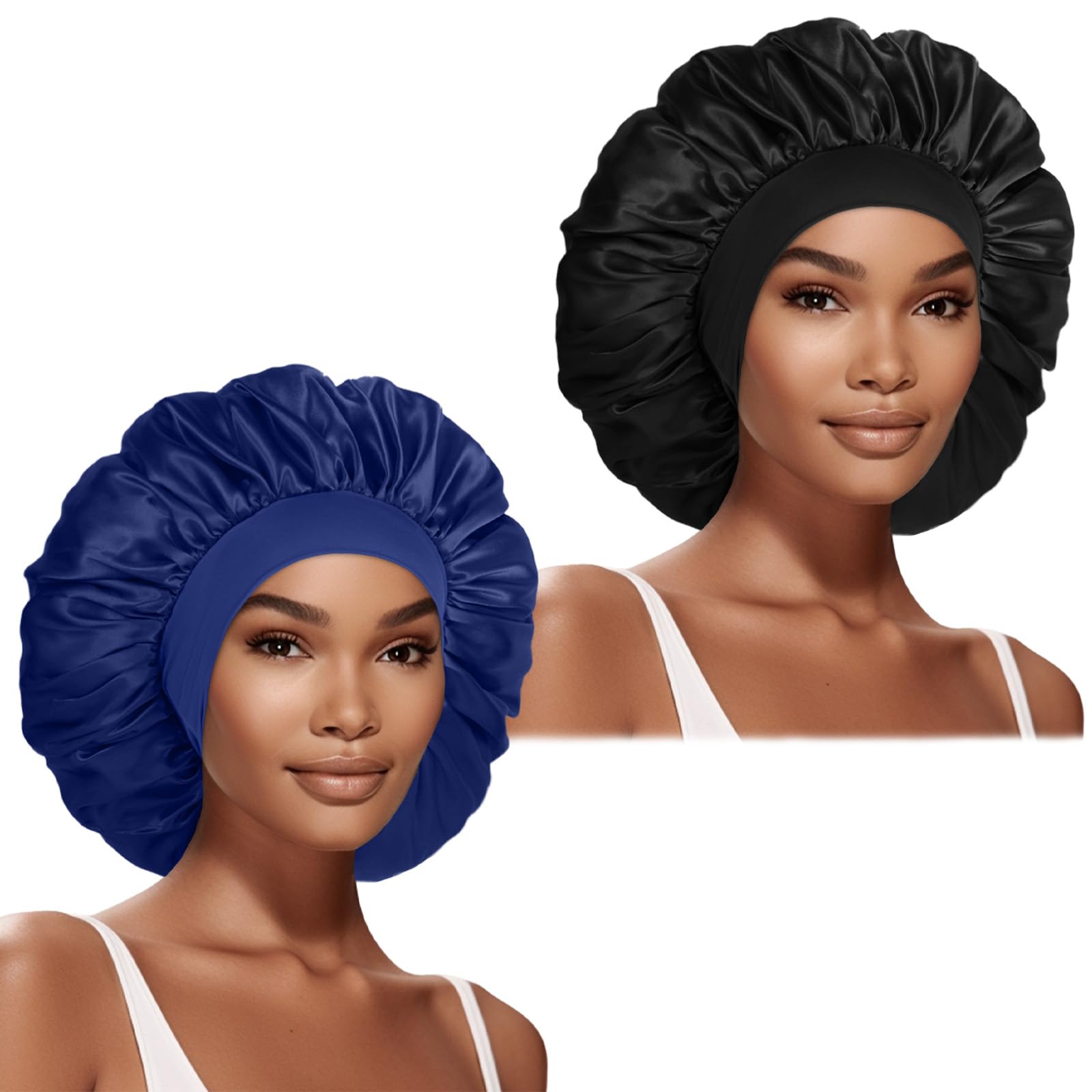 Photo 1 of 2 Pcs Extra Large Satin Hair Bonnet for Sleeping Cap 17 inches Jumbo Silk Sleep Bonnet for Women (Black & Blue)