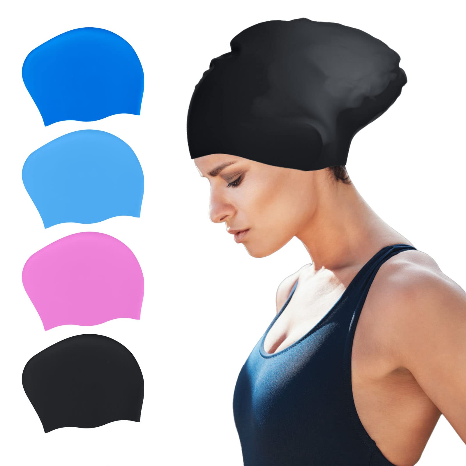 SUSNUAN Swimming Cap for Long Hair, Black Large Swimming Cap for Women Silicone Swimming Hat for Long Hair, Adult Swimming Hat Swim Cap, 21*26CM