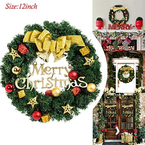 Anlukers Christmas Wreath with Ball Ornaments Ribbons for Front Door, Decorated Christmas Wreath for Outdoor (Gold)