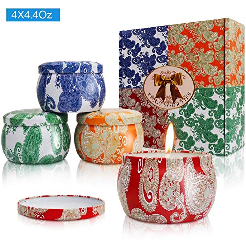 Scented Candles Gift Set, 100% Soy 4.4 Oz Unit Wax Portable Travel Tin Candles, Perfect Women Gifts for Stress Relief and Aromatherapy Relaxation (4 Pack)