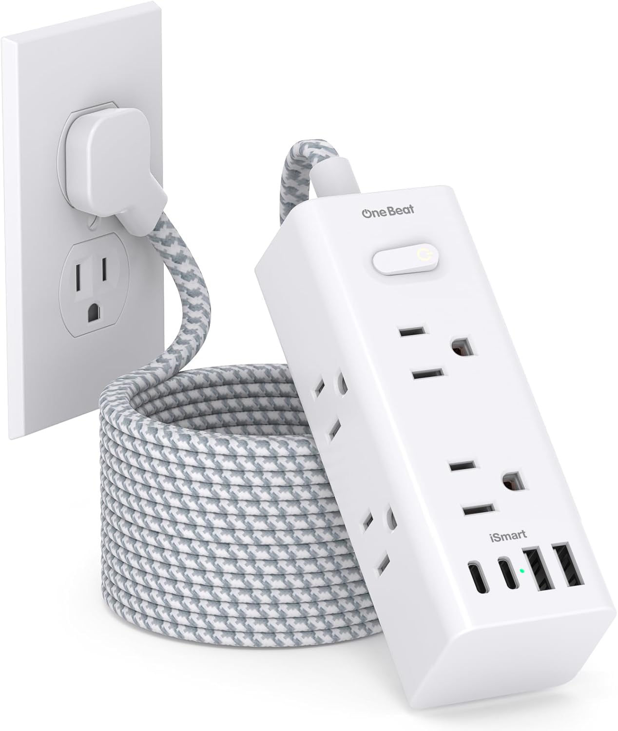 Flat Plug Extension Cord 20Ft, One Beat 900J Surge Protector Power Strip 20 Ft Cord with 6 Widely Outlets 4 USB Ports (2 USB C), Wall Outlet Extender Extension Cord for College Dorm Room Home Office Image