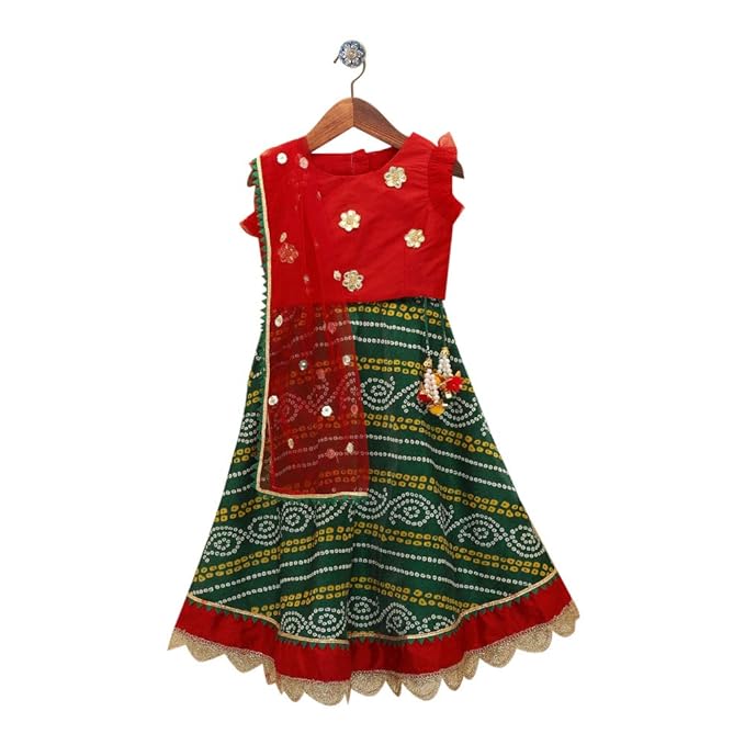 Peaches By Hopscotch Girls Poplin Floral Applique Blouse, Lehenga And Dupatta Set in Green Color