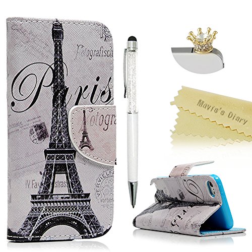 Touch 5,Touch 6 Wallet Case - Mavis's Diary Premium PU Leather with Magnetic Clasp Card Holders Flip Cover for iPod Touch 5th & 6th Generation with Golden Crown Dust Plug & Crystal Pen (Eiffel Tower)