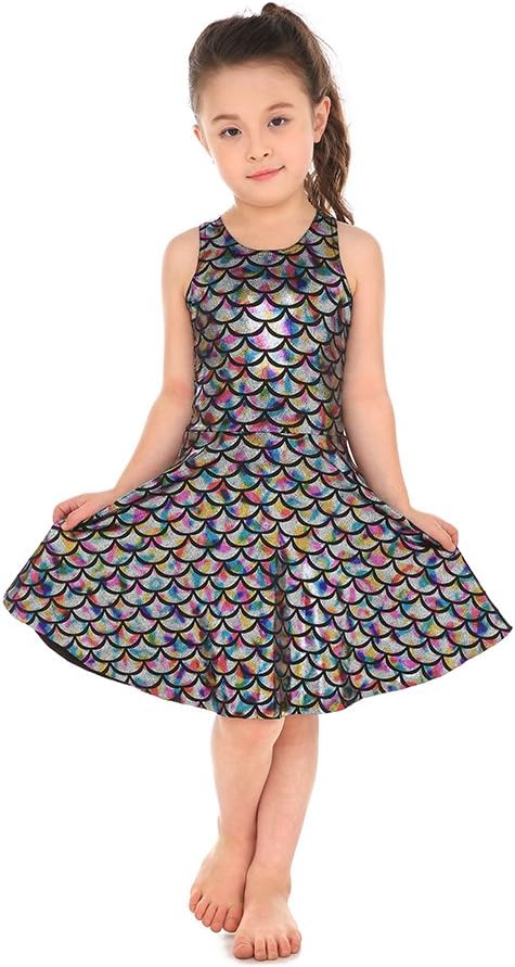 Shiny Cute Party Mermaid Tail Fish Scales Pleated Skater Skating Dress for Girls 5T-12T
