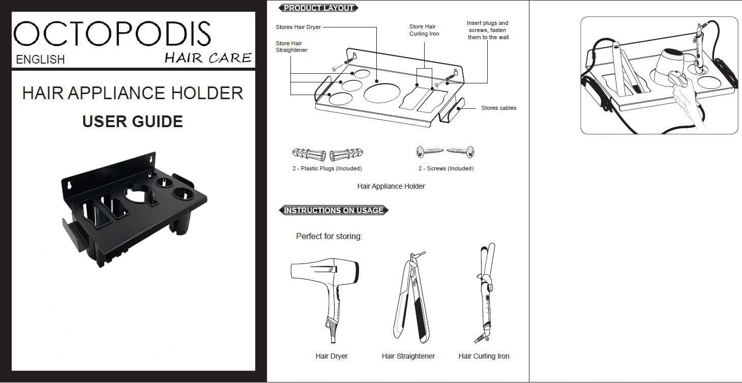 OCTOPODIS - Wall Mount Hair Care & Styling Tool Organizer, Stand Storage Holder for Hair Dryer, Blow Dryer, Hair Straightener, Flat Iron & Curling Iron: Home & Kitchen