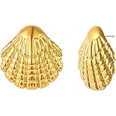 foyjoey Gold Earrings for Women 18K Gold Plated Chunky Starfish Seashell Conch Flower Pearl Stud Earrings Circle Link Dangle Earrings Trendy Jewelry Christmas Gifts