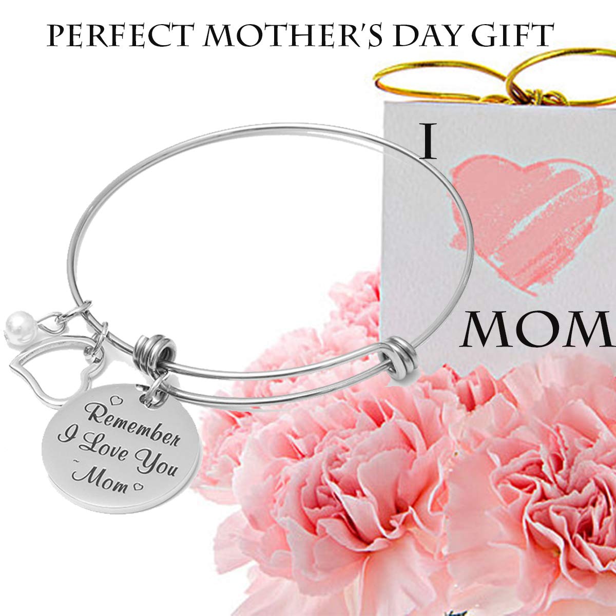 Vinca Mascot Charm Bracelet for Women Mom Remember I Love You Mom Stainless Steel Adjustable Bangle for Mother Birthday from Daughter Son