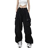 Sunidol Women's Baggy Cargo Pants Parachute Pants High Waisted Relax Fit Y2K Street Drawstring Pants with Pockets