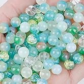Niziky 100PCS Glass Beads for Jewelry Making, Mix 8MM Green Crackle Lampwork Glass Beads Aurora Crystal Beads Matte Gemstones Spacer Beads Kits for Crafts Making
