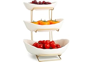 MEIGLQEA 3 Tier Fruit Bowl for Kitchen Counter, Ceramic White Gold Fruit Bowl Fruit Tray with Metal Stand, Tiered Fruit Baske