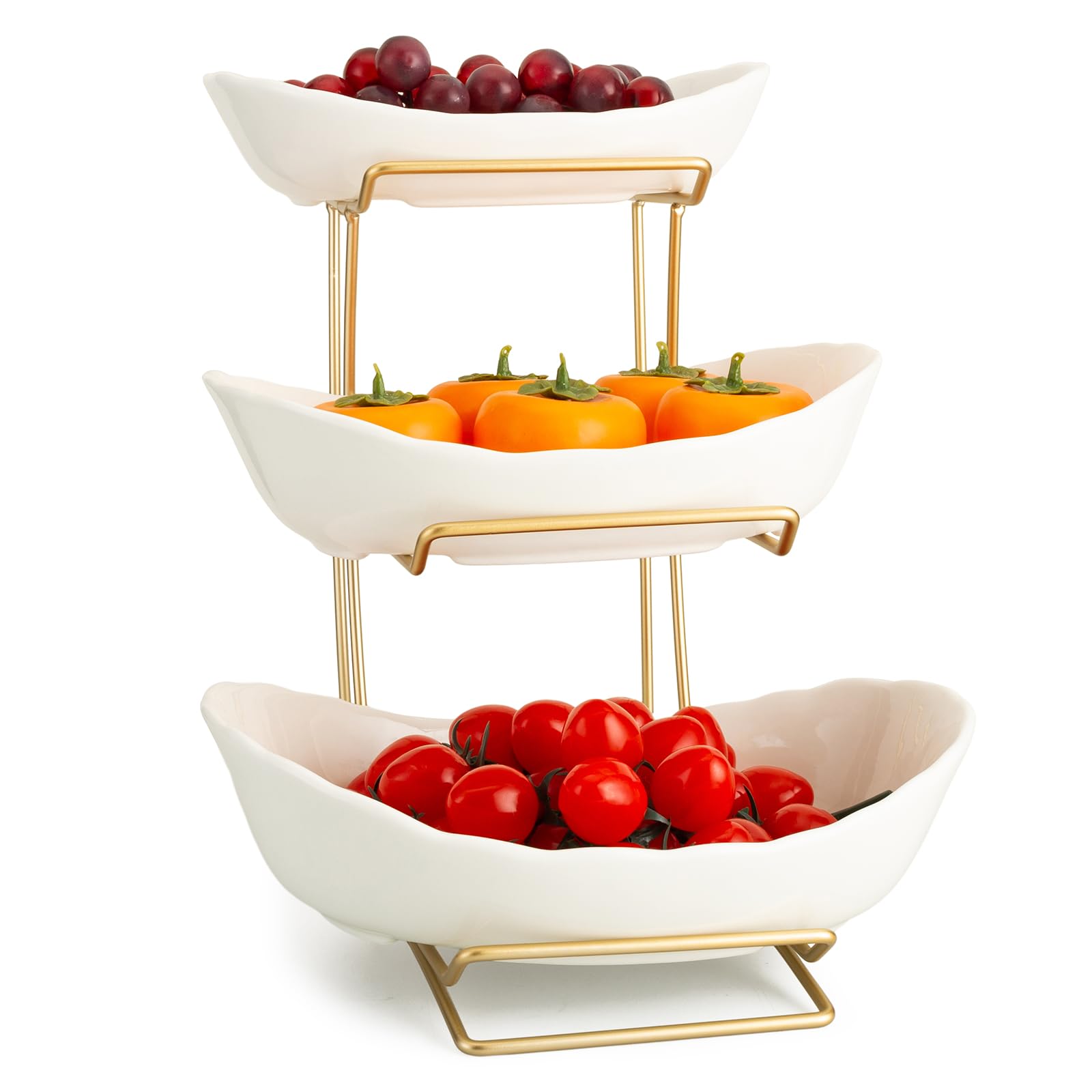 Photo 1 of jessie 3 Tier Ceramic Fruit Bowls for Kitchen Counter with Metal Rack, Fruit Basket with Stand, Porcelain Bowls for Fruit Vegetable Bread Candy Snack Nuts Dessert Cake Tray (White 3 Layer)