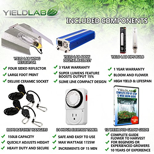 Yield Lab Horticulture 600w HPS Grow Light Wing Reflector Kit Easy Setup Full Spectrum System For Indoor Plants And Hydroponics – Free Timer and 12 Week Grow Guide DVD