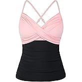 coastal rose Womens Underwire Tankini Swim Top Cross Front V Neck Swimsuit Tops Ruched Tummy Control Swimwear
